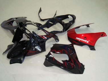 2000-2001 Kawasaki ZX9R Motorcycle Fairing - Glossy Black Red Flame UK