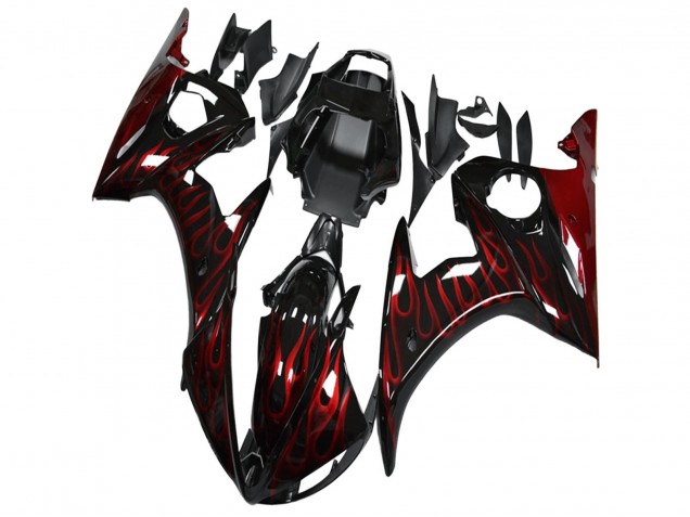 2003-2004 Yamaha YZF R6 Motorcycle Fairing - Glossy Black Red Flame UK