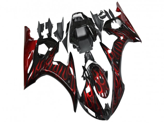 2003-2004 Yamaha YZF R6 Motorcycle Fairing - Glossy Black Red Flame UK
