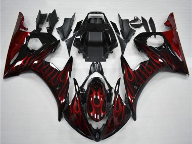 2003-2004 Yamaha YZF R6 Motorcycle Fairing - Glossy Black Red Flame UK