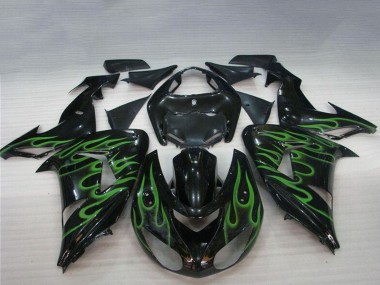 2006-2007 Kawasaki ZX10R Motorcycle Fairings - Glossy Black Green Flame UK