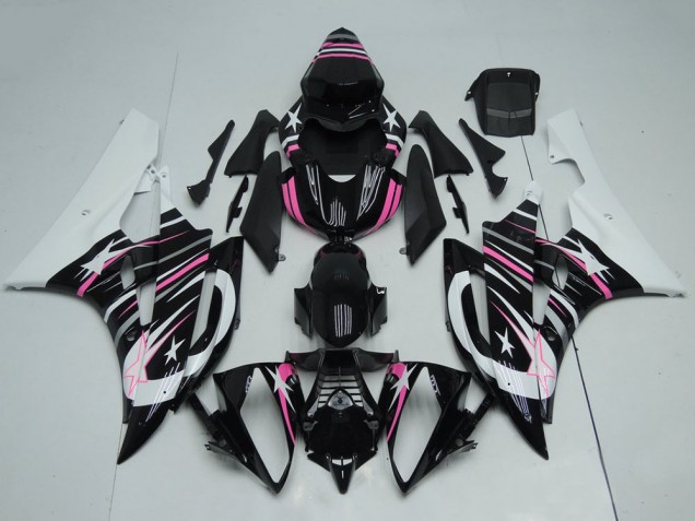 2006-2007 Yamaha YZF R6 Motorcycle Fairings - White Glossy Black Pink Star Flame UK