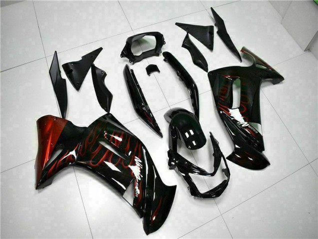 2006-2008 Kawasaki EX650 Motorcycle Fairings - Glossy Black Red Flame UK