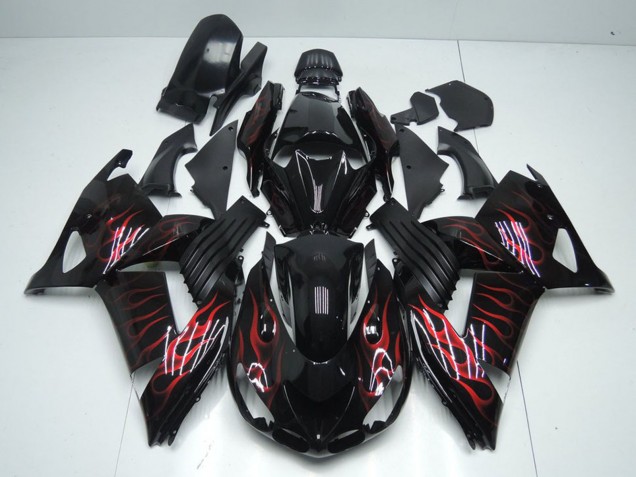 2006-2011 Kawasaki ZX14R ZZR1400 Motorcycle Fairings - Glossy Black Red Flame UK