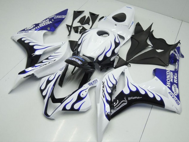 2007-2008 Honda CBR600RR Motorcycle Fairings - White Blue Glossy Black Flame UK