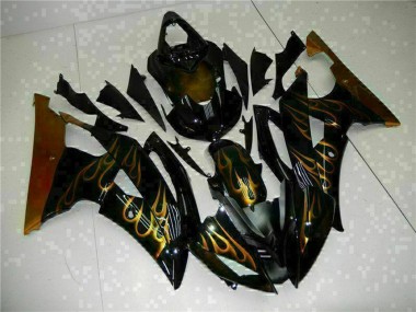 2008-2016 Yamaha YZF R6 Motorcycle Fairings - Glossy Black Gold Flame UK