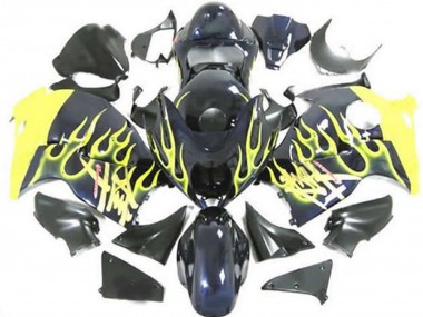1996-2007 Suzuki GSXR 1300 Motorcycle Fairings - Glossy Black Yellow Flame UK