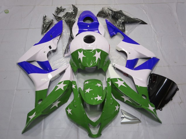 2007-2008 Honda CBR600RR Motorcycle Fairings - White Blue Green Stars Stripe UK