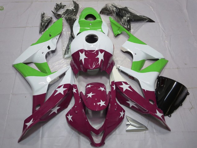 2007-2008 Honda CBR600RR Motorcycle Fairings - White Green Maroon Red Stars Stripe UK