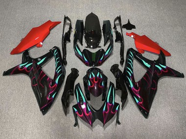 2008-2010 Suzuki GSXR 600 / GSXR 750 Motorcycle Fairings - Glossy Black Red Cyan Flame UK