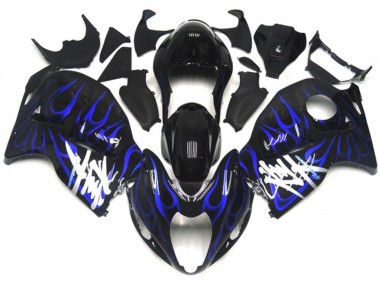 1996-2007 Suzuki GSXR 1300 Motorcycle Fairings - Glossy Black with Deep Blue Flame UK