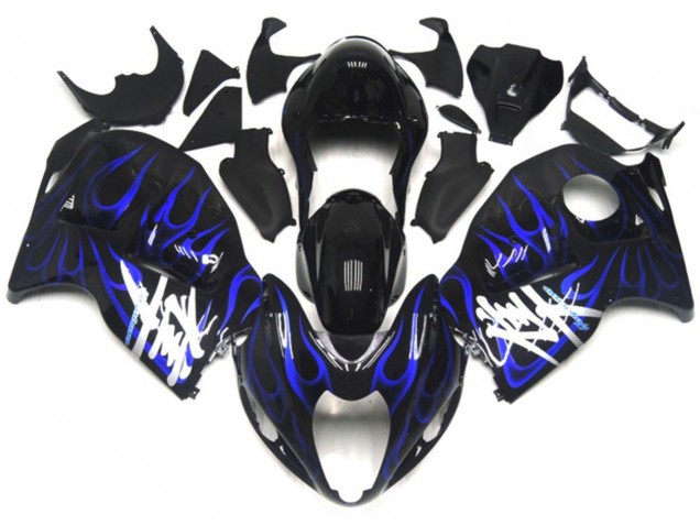 1996-2007 Suzuki GSXR 1300 Motorcycle Fairings - Glossy Black with Deep Blue Flame UK