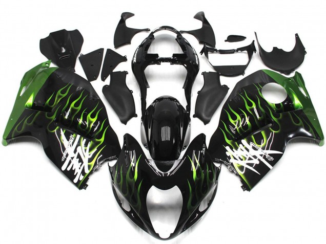1996-2007 Suzuki GSXR 1300 Motorcycle Fairings - Glossy Black with Deep Green Flame UK