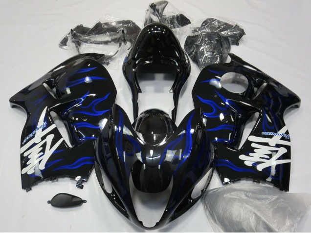 1996-2007 Suzuki GSXR 1300 Motorcycle Fairings - Glossy Black Blue Flame UK