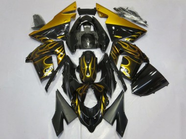 2004-2005 Kawasaki ZX10R Motorcycle Fairings - Glossy Black Gold Flame UK