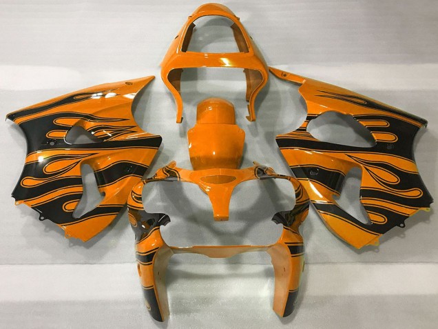 2000-2002 Kawasaki ZX6R Motorcycle Fairings - Orange Black Flame UK
