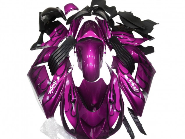 2006-2011 Kawasaki ZX14R Motorcycle Fairing - Purple Black Flame White Ninja UK