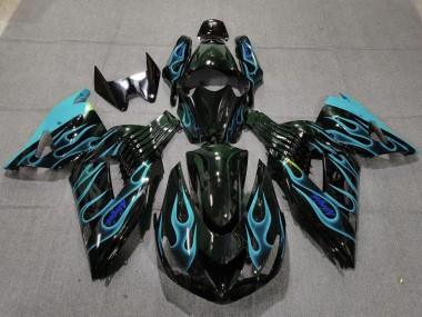 2006-2011 Kawasaki ZX14R Motorcycle Fairings - Glossy Black Light Blue Flame UK
