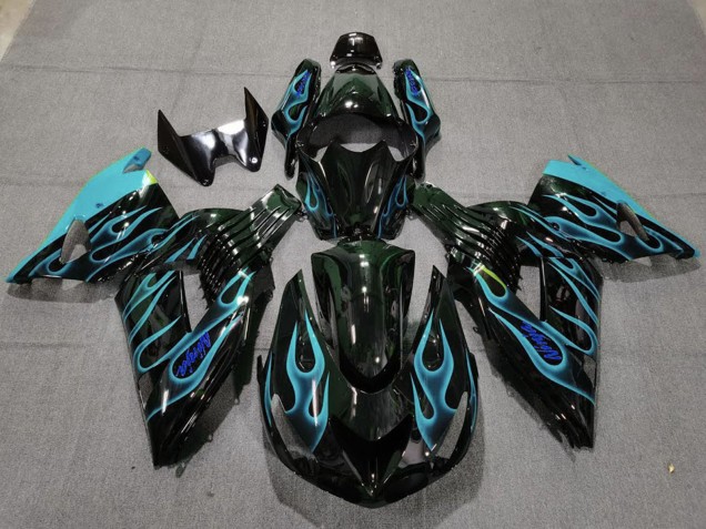 2006-2011 Kawasaki ZX14R Motorcycle Fairings - Glossy Black Light Blue Flame UK