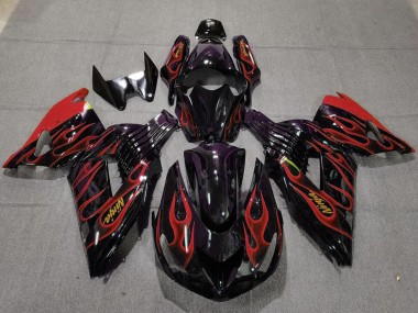 2006-2011 Kawasaki ZX14R Motorcycle Fairings - Glossy Black Red Flame Gold Ninja UK