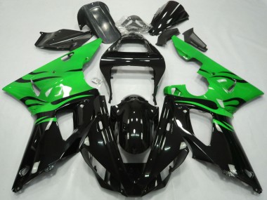2000-2001 Yamaha R1 Motorcycle Fairings - Green Glossy Black Flame UK