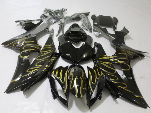 2008-2016 Yamaha R6 Motorcycle Fairings - Glossy Black Gold Flame UK