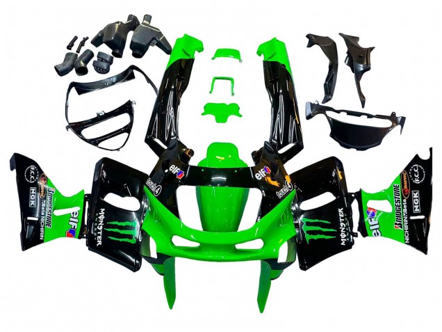 1993-2007 Kawasaki ZZR400 Motorcycle Fairings - Green Glossy Black Green Monster Elf Touch4 Bridgestone UK