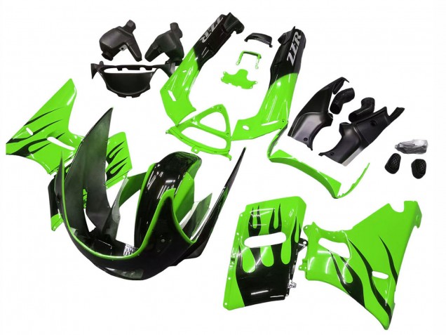 1993-2007 Kawasaki ZZR400 Motorcycle Fairings - Green Glossy Black Flame UK