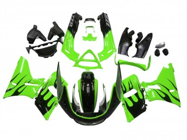 1993-2007 Kawasaki ZZR400 Motorcycle Fairings - Green Glossy Black Flame UK