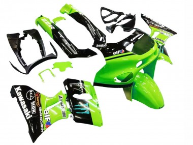 1993-2007 Kawasaki ZZR400 Motorcycle Fairings - Green Glossy Black Blue Monster Elf Touch4 Bridgestone UK