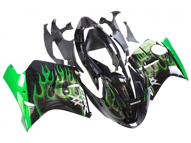 1996-2007 Honda CBR1100XX Blackbird Motorcycle Fairing - Glossy Black Green Flame UK