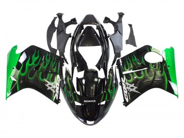 1996-2007 Honda CBR1100XX Blackbird Motorcycle Fairing - Glossy Black Green Flame UK