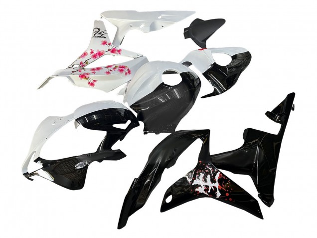 2007-2008 Honda CBR600RR Motorcycle Fairings - White Cherry Blossom Glossy Black Split UK