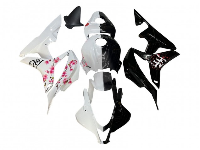 2007-2008 Honda CBR600RR Motorcycle Fairings - White Cherry Blossom Glossy Black Split UK