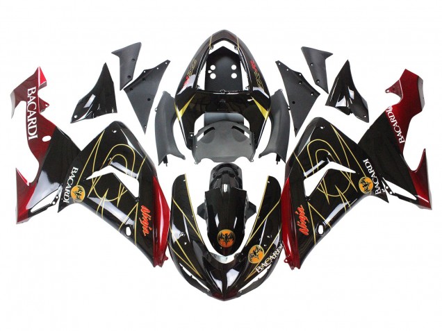 2006-2007 Kawasaki ZX10R Motorcycle Fairings - Black Red Gold BACARDI UK