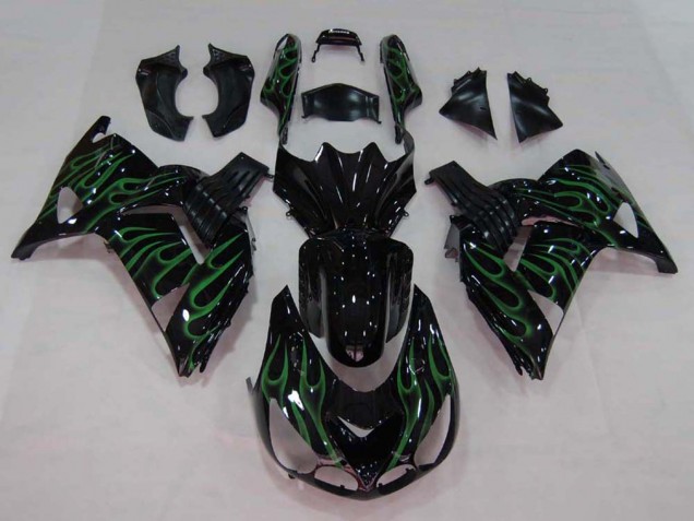 2006-2011 Kawasaki ZX14R ZZR1400 Motorcycle Fairing - Glossy Black Green Flame UK