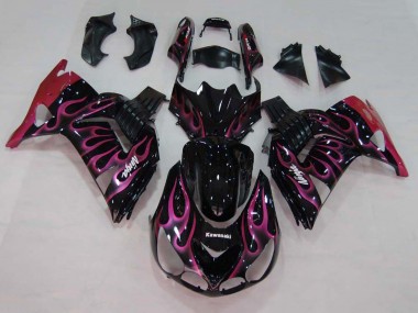 2006-2011 Kawasaki ZX14R ZZR1400 Motorcycle Fairings - Glossy Black Red Pink Flame UK