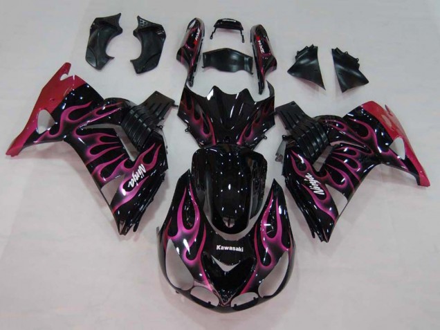 2006-2011 Kawasaki ZX14R ZZR1400 Motorcycle Fairings - Glossy Black Red Pink Flame UK