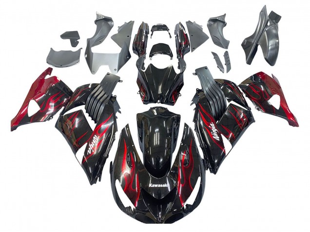 2006-2011 Kawasaki ZX14R ZZR1400 Motorcycle Fairing Kits - Glossy Black Red Flame UK