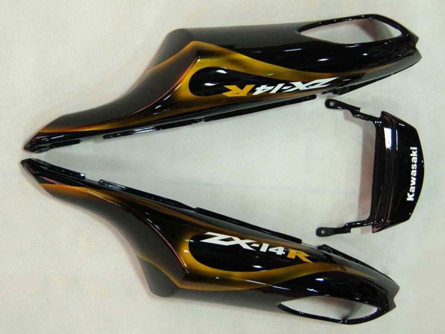 2006-2011 Kawasaki ZX14R ZZR1400 Motorcycle Fairings - Glossy Black Gold Flame UK