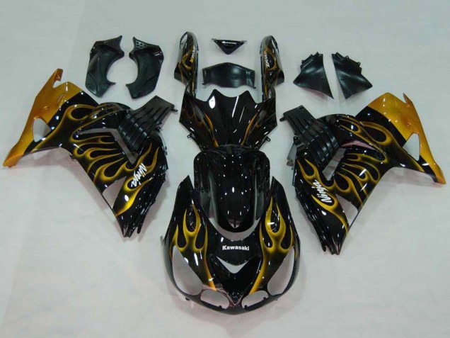 2006-2011 Kawasaki ZX14R ZZR1400 Motorcycle Fairings - Glossy Black Gold Flame UK