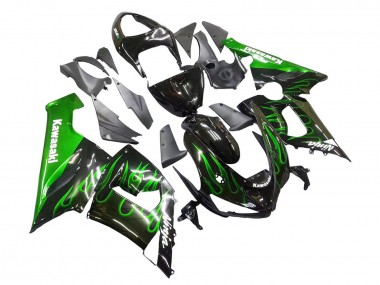 2005-2006 Kawasaki ZX6R Motorcycle Fairing - Glossy Black Green Flame UK