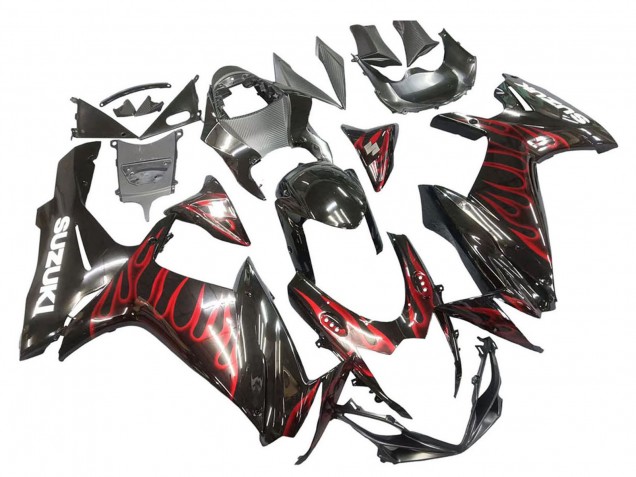 2011-2024 Suzuki GSXR 600 / GSXR 750 Motorcycle Fairings - Glossy Black Red Flame UK
