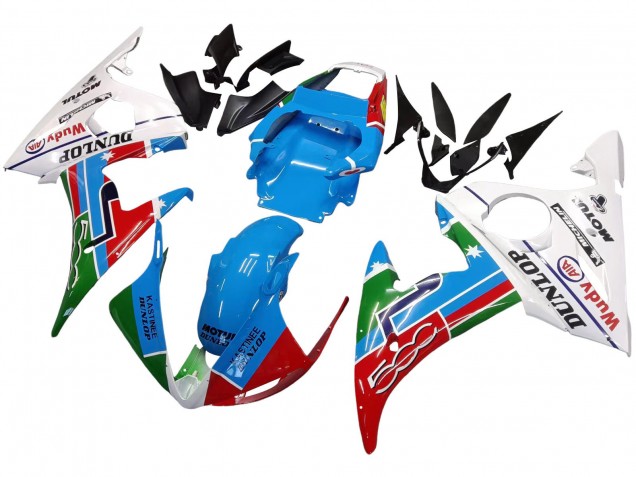 2005 Yamaha YZF 600 R6 Motorcycle Fairings - Light Blue White Green Red Kastinee Dunlop Motul UK