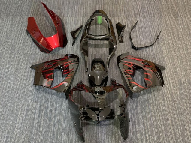 2000-2001 Kawasaki ZX9R Motorcycle Fairings - Glossy Black Red Flame UK