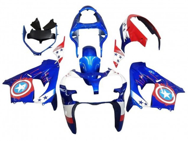 2000-2001 Kawasaki ZX9R Motorcycle Fairings - Blue Red Captain America Star UK