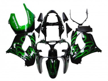 2000-2001 Kawasaki ZX9R Motorcycle Fairings - Glossy Black Green Flame White UK