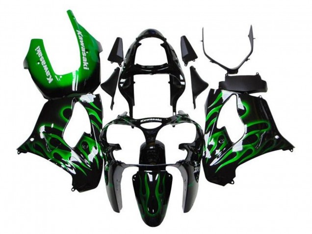 2000-2001 Kawasaki ZX9R Motorcycle Fairings - Glossy Black Green Flame White UK