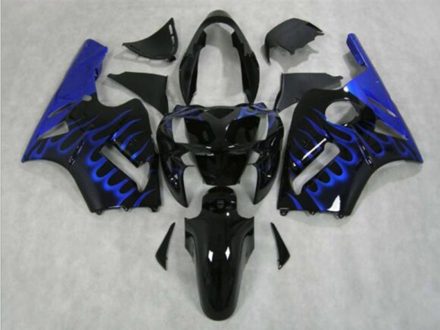 2002-2006 Kawasaki ZX12R Motorcycle Fairing - Glossy Black Blue Flame UK