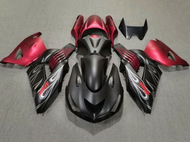 2006-2011 Kawasaki ZX14R ZZR1400 Motorcycle Fairings - Matte Black Red Silver Flame UK